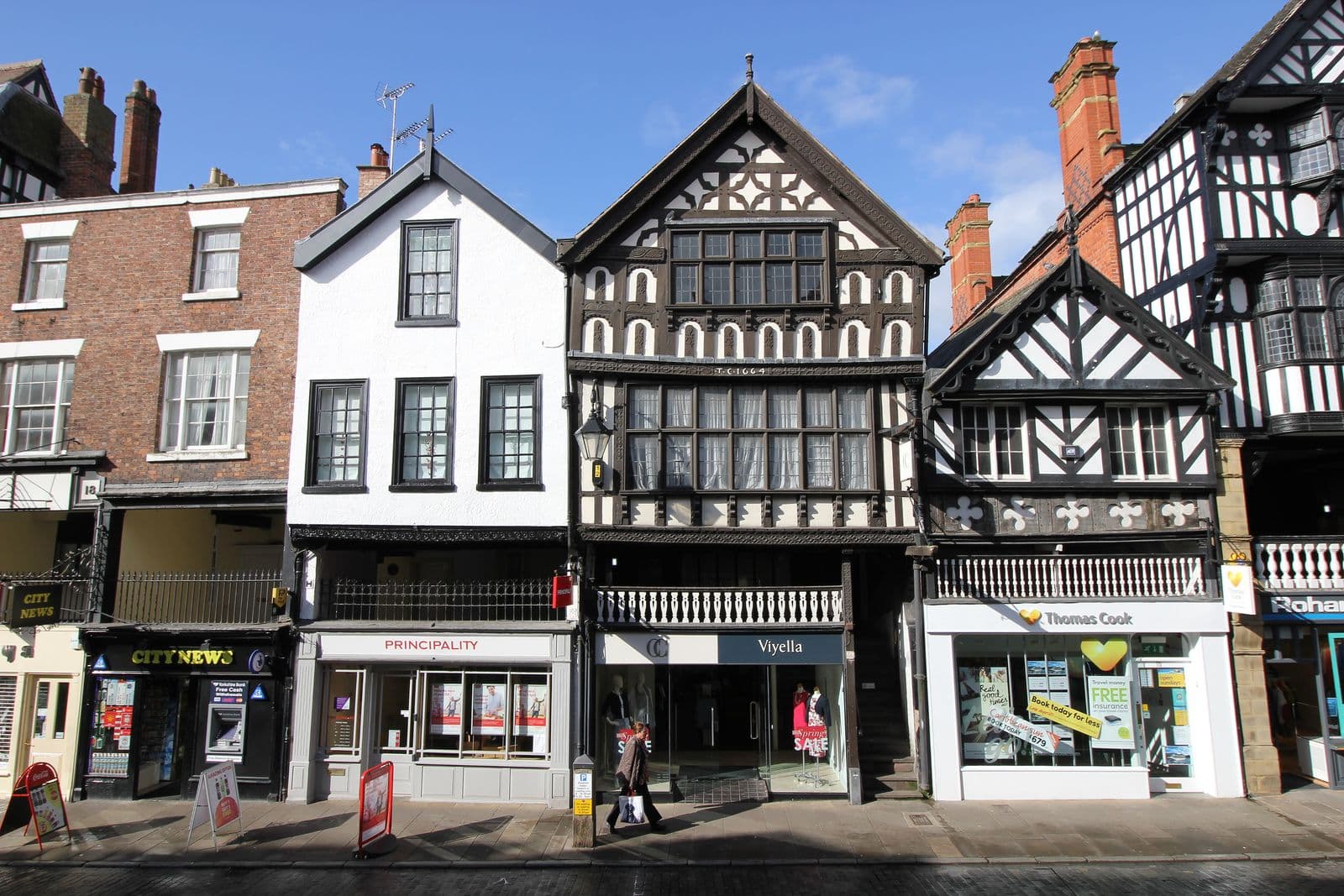 Black-and-white timber-framed buildings and the Rows on Bridge Street, Chester