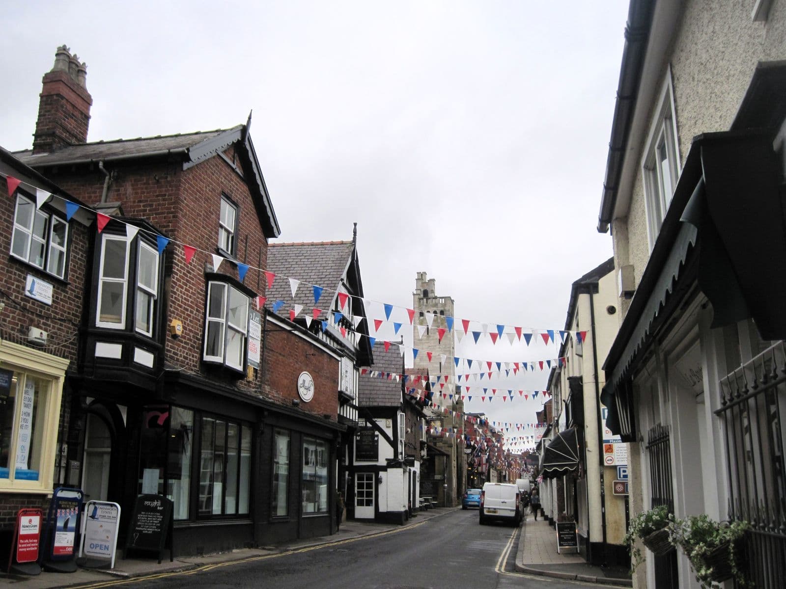 Brick shops and houses with slate roofs along King Street, Knutsford