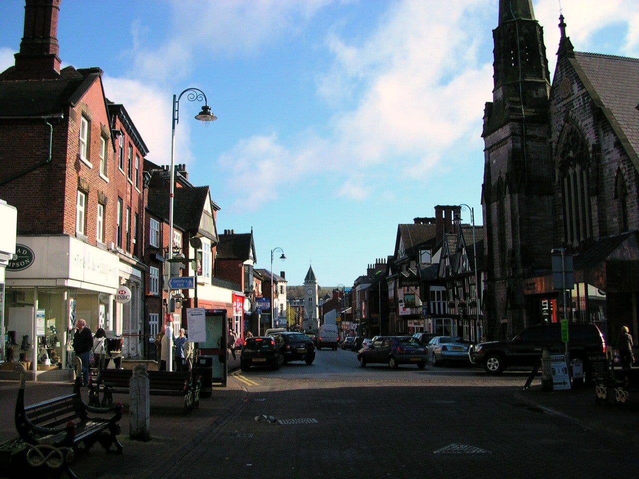 Victorian brick and stone buildings along Derby Street, Leek