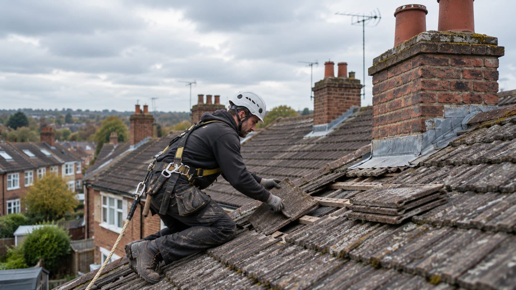 Roofer kneeling on a concrete tiled roof, fitting replacement tiles next to a stack of spares below a chimney