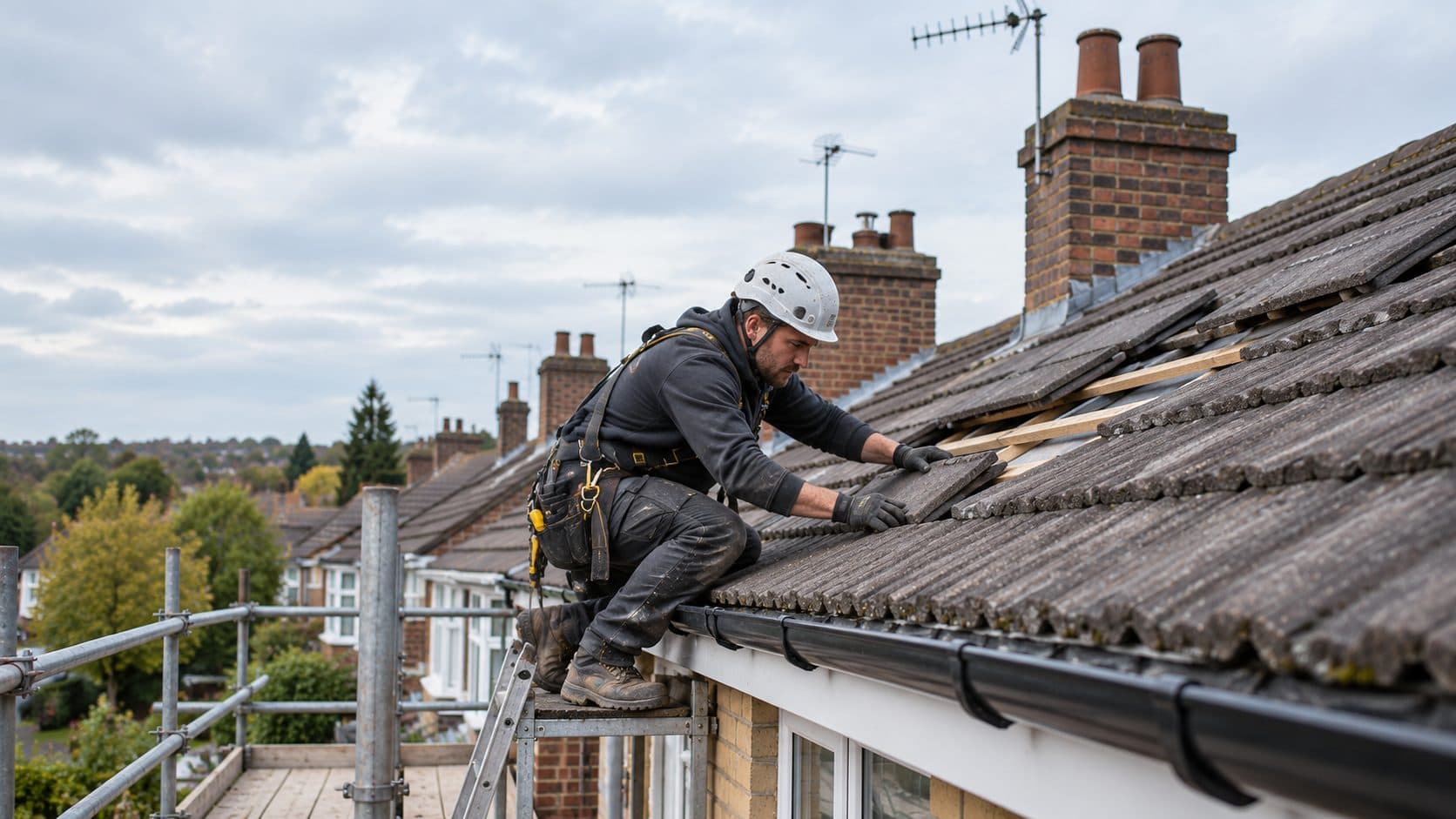 Roofer on a scaffold working on the bottom courses of tiles above the gutter and fascia, with the battens showing