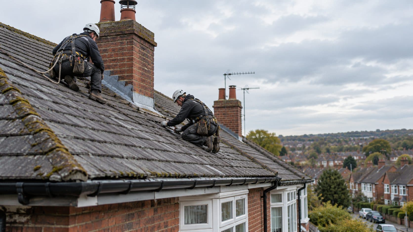 Two roofers in harnesses working on an old, mossy tiled roof between two chimney stacks
