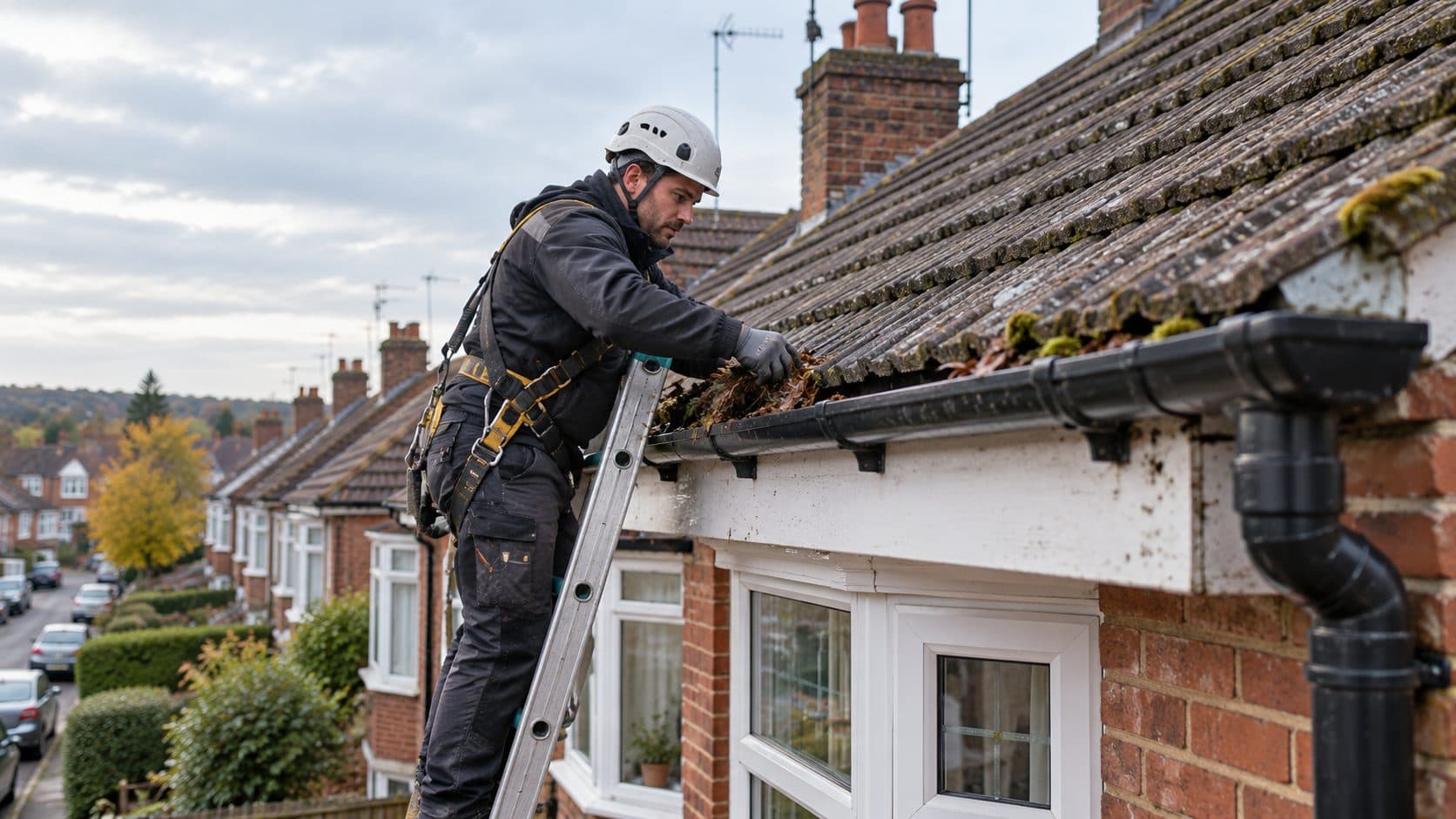 Roofer on a ladder clearing moss and debris out of a black gutter