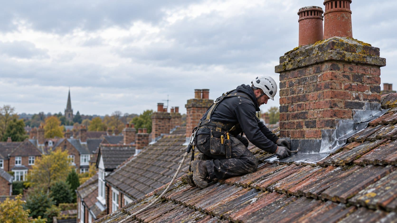 Roofer dressing lead flashing around the base of a brick chimney stack