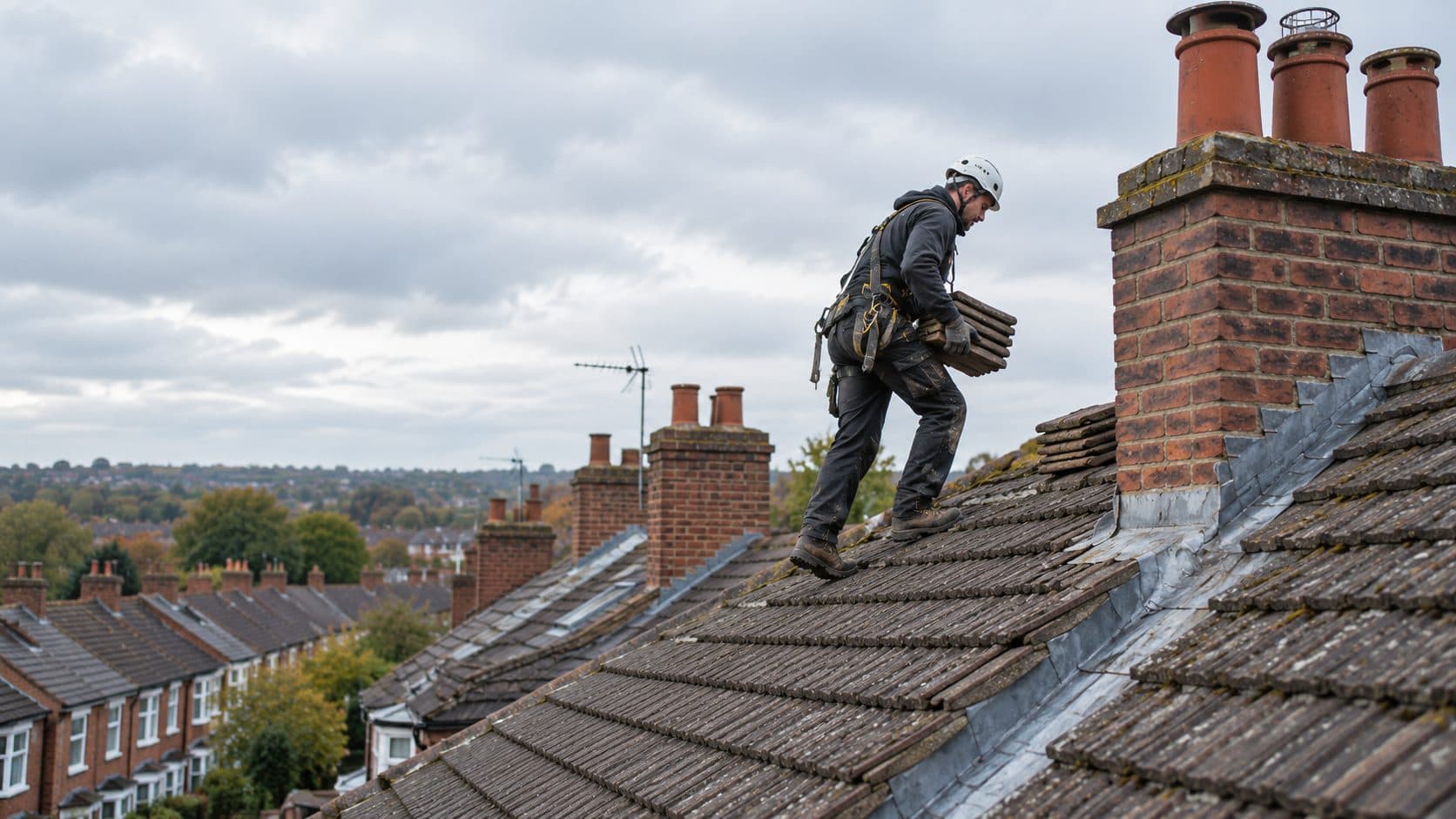 Roofer carrying a stack of tiles up a pitched roof past a brick chimney with lead flashing