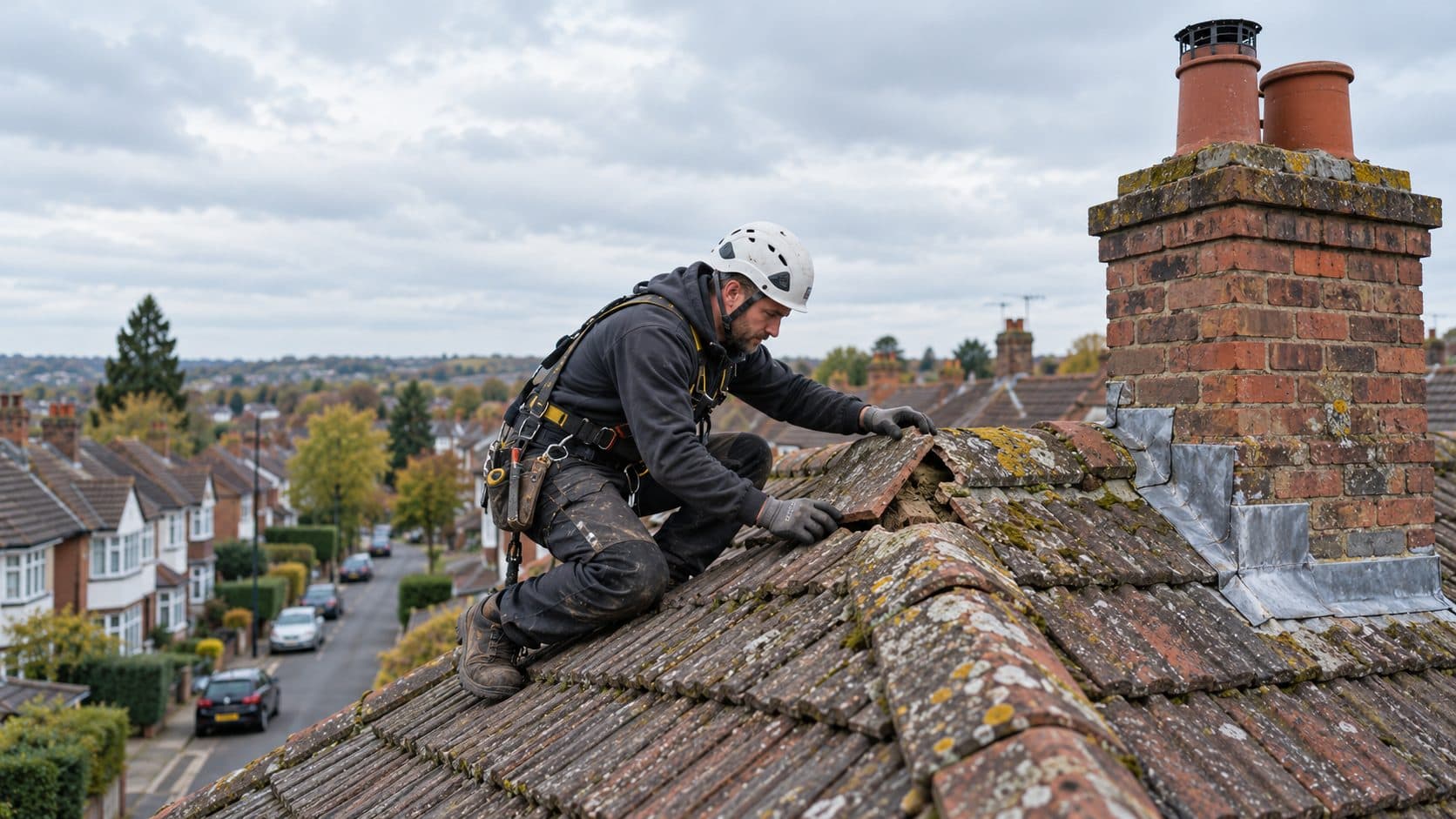 Roofer in a helmet and harness re-bedding a ridge tile beside a brick chimney stack on a mossy tiled roof
