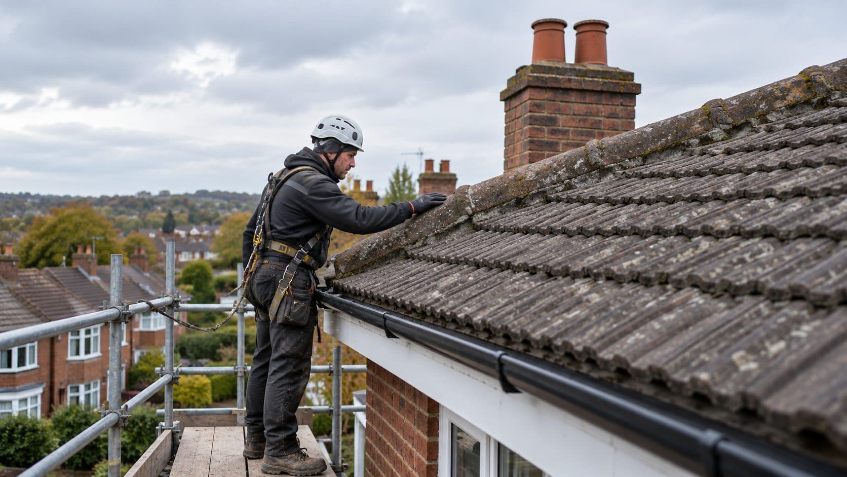 Roofer on a scaffold at the eaves checking the tiles and gutter of a house roof