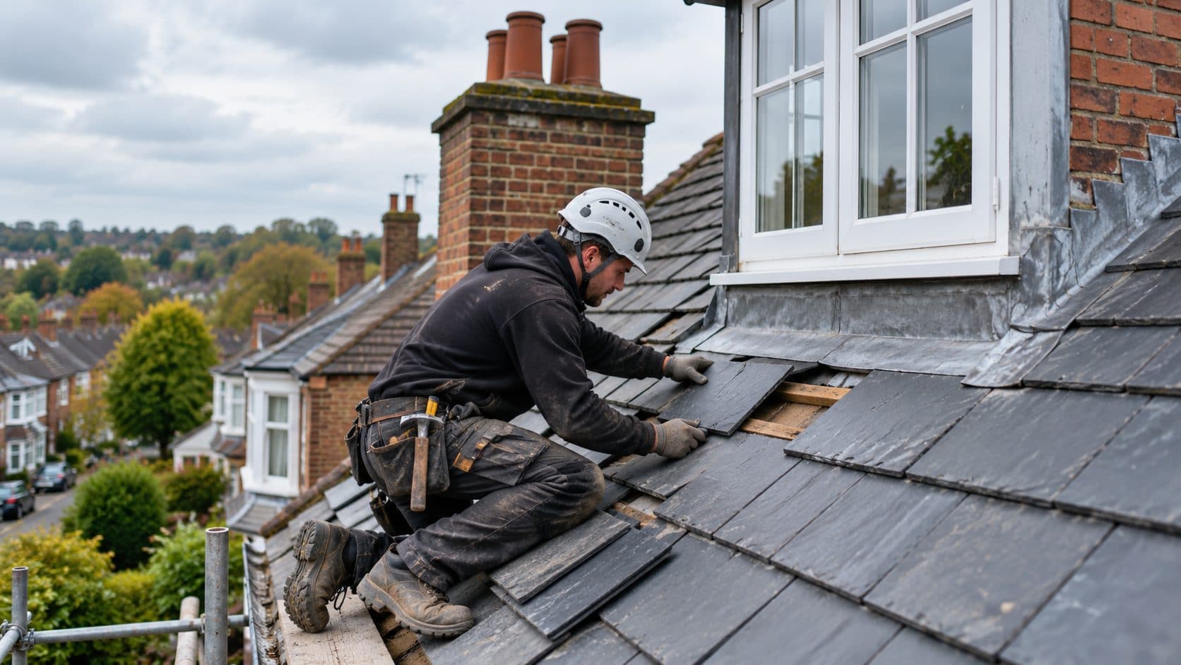 Roofer replacing slates on a slate roof beside a dormer window